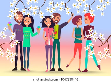 Boy and girl with ice cream, couple makes selfie with rose and beloveds look at each other in cherry blossom frame vector illustration.