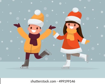 Boy and girl are ice-skating. Vector illustration of a flat design