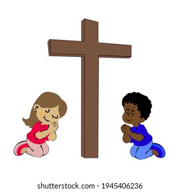 Boy And Girl Icon. The Sign Of The Christian Cross. The Symbol Of Prayer And Worship To God. Vector Graphics For Church And Sunday School. Picture For Teaching Children.