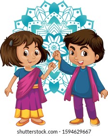 Niño de la India con patrones de mandala en la ilustración de fondo