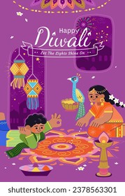 Boy and girl in Indian traditional costumes enjoy drawing rangoli indoors on Diwali Festival night