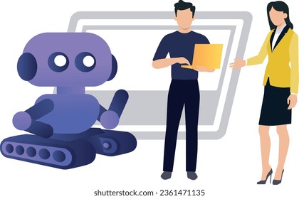 A boy and girl instructing a robot.