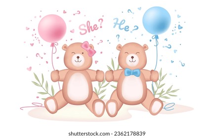 Boy or girl. Invitation or banner template with cute teddy bears and helium balloons. Vector illustration. Baby's t-shirt, baby shower,  design element