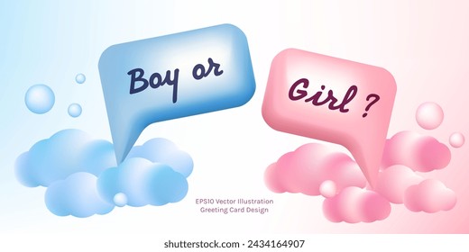 Boy or Girl invitation template vector illustration design. Cartoon 3d pink and blue 3d bubble speeches and clouds. Gender party celebration greeting card.