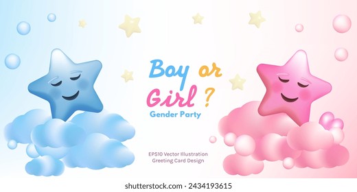 Boy or Girl invitation template vector illustration design. Cartoon pink and blue 3d stars, hearts, clouds, bubbles. Gender party celebration greeting card.