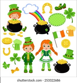 Boy and girl in Irish costumes. St. Patrick's Day. Vector illustration.Collection illustrations of Saint Patrick's Day symbols.