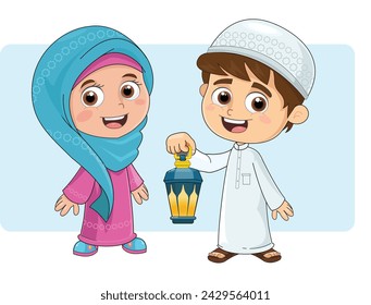 Boy and girl islamic character, isolated background holding a lamp for ramadan vibes.