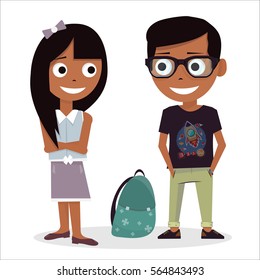 Boy and girl isolated on white background. First love at school. Vector illustration of Valentines Day. Characters schoolchildren.