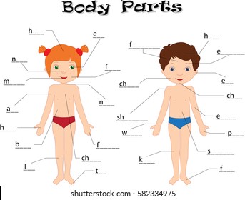 Boy and girl isolated on white. Body parts, anatomy in English. Educational game