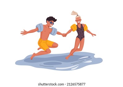 Boy and girl jump into the sea. Young man and woman wearing inflatable swimming arm bands jumping in pool or sea water. Cheerful tourists flat vector characters, happy people having fun on vacation