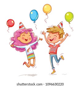 A boy and a girl jumping fun at a children's birthday party. Funny cartoon character. Vector illustration. Isolated on white background