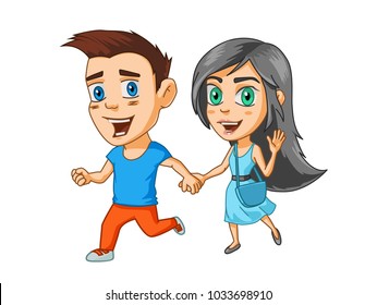 A boy and a girl jumping happily holding hands, cartoon characters, stickers with emotions