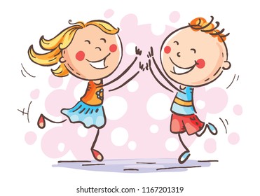 Boy and girl jumping with joy to celebrate some victory or success, cartoon vector drawing