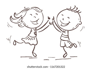 Boy and girl jumping with joy to celebrate some victory or success, cartoon vector drawing