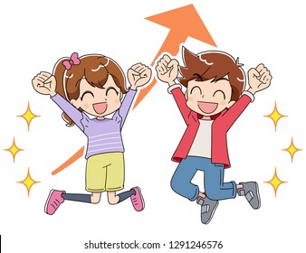 A boy and a girl are jumping with joy. They are pushing up the fist.