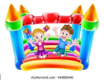 A boy and girl jumping on a bouncy house or infaltable castle