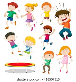 Boy and girl jumping on trampoline illustration