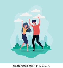 Boy and girl jumping in the park design