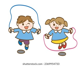 Boy and girl jumping rope together_Brothers and sisters of nursery school children