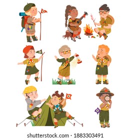 Boy and Girl Junior Scouts Wearing Khaki Shirt Sitting at Campfire and Walking with Gas Lamp Vector Set