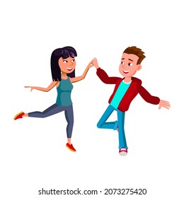 Boy And Girl Kids Couple Dancers Dancing Vector. Caucasian Schoolboy Dancing With Asian Schoolgirl In Ballroom, Friends Practicing Dance Motion Togetherness. Characters Flat Cartoon Illustration