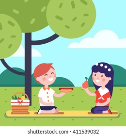 Boy and girl kids having lunch picnic under the park tree. Smiling kids characters. Modern flat vector illustration clipart.