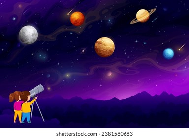 Boy and girl kids looking in telescope at night sky to space planets and galaxy sky, vector background. Astronomy and planetary observation poster with outer space, cosmic planets of saturn and moon