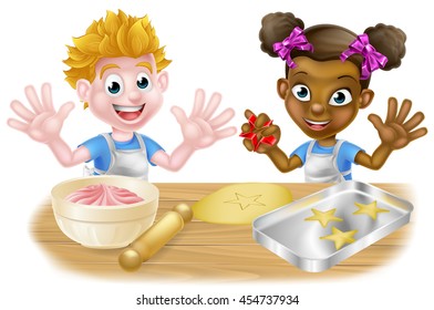 Boy and girl kids, one black one white playing cooking baking cakes, cookies and desserts