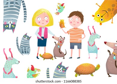 Boy and Girl Kids with Pets Collage Design. Young kids and domestic animals vector cartoon.