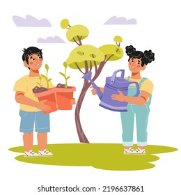 Boy and girl kids planting and gardening, flat cartoon vector illustration isolated on white background. Children working in spring garden.