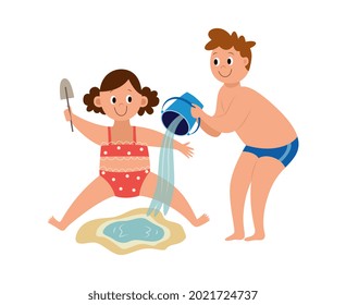 Boy and girl kids playing with beach sand and water bucket - cartoon children in sand pit making a puddle isolated on white background, vector illustration.