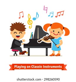 Boy And Girl Kids Playing Classical Music On Piano And Violin Together In A Musical Class. Flat Vector Cartoon Illustration Isolated On White Background.