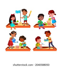 Boy And Girl Kids Playing In Sandbox Set Vector. Children Together In Sandbox, Building Sandy Castle And Play With Airplane And Train Toys. Characters Recreation Time Flat Cartoon Illustrations