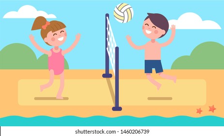 Boy & girl kids playing summer beach volleyball. Happy children playing volley ball sport game together having fun on sea shore. Players cartoon characters. Holiday leisure. Flat vector illustration