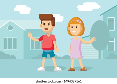 A boy and girl (kids, schoolchildren) on the cityscape background. 