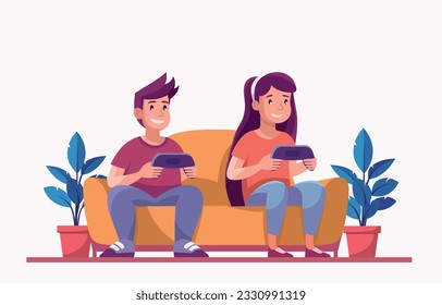 Boy and girl kids sit on sofa playing console video game together holding controllers. Gamers children. Entertainment and leisure. Flat vector gaming illustration