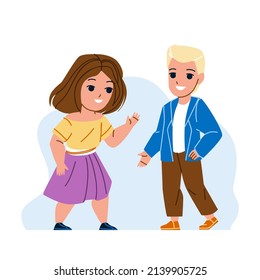 Boy And Girl Kids Talking In Kindergarten Vector. Happy Children Friends Talking Together On Playground. Preschooler Characters Communication And Friendship Flat Cartoon Illustration