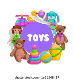 Boy and girl kids toys, vector poster. Children toys plush bear, doll and helicopter, bath duck, bunny rabbit and baby rattle, ball and pyramid, plastic sword and sand bucket