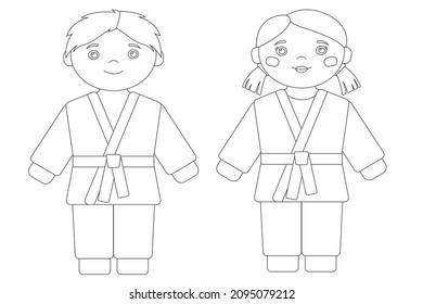 Chico y chica en kimono. Artes marciales. Karate, judo. Deportes infantiles. Borde negro. Colorido de la página. 