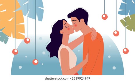 boy and girl kissing against the background of Christmas toys. Love and intimacy