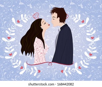 The boy and the girl kissing near the brackets with hearts on a pale floral background