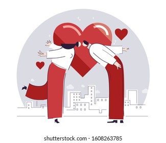 Boy and girl are kissing on St. Valentine's day, 14th of February. Man and woman are dating. Teenagers together in the city. Married people love. 
