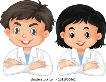 Boy and girl in lab gown on white background illustration