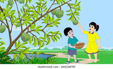 A boy and girl laid custard apple in the village - illustration