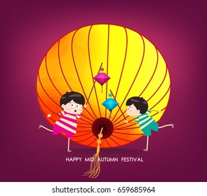 boy and girl with lantern. Happy mid autumn festival