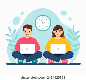 Boy and a girl with laptops at school. Vector illustration. Children with computers sit and learn programming.