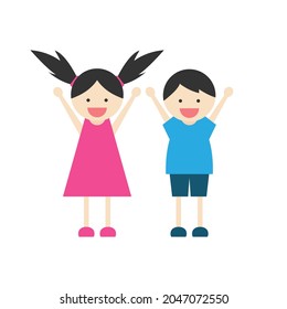 Boy and girl laughing happily. Children's characters. Boy and girl characters. Happy laughing expression. Flat design vector illustration isolated on white background.