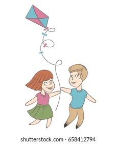 Boy and girl launch a kite