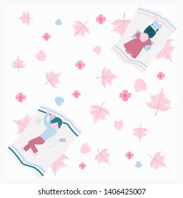 boy and girl lay down on the pallet and listening to music surrounded by pink maple leaves pink flowers and pink heart illustration vector background 