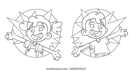 Boy and girl leaps forward tearing up the advertising template. Funny cartoon characters. Vector illustration. Coloring book. Black and white